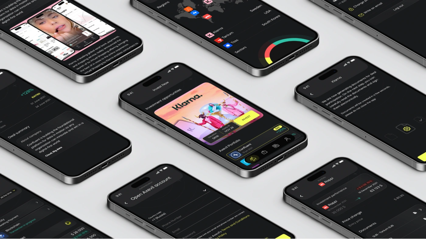 Изометрия чёрных телефонов Axevil: карточка сделки Klarna с цветной обложкой, экраны KYC, документов и портфеля