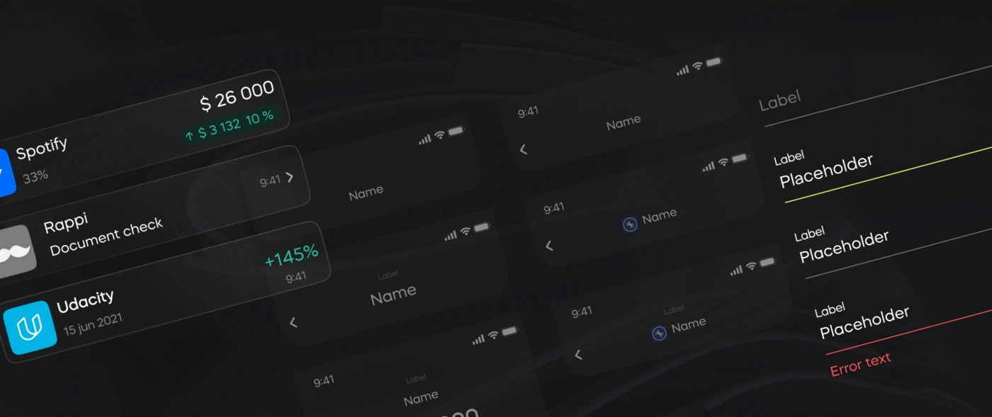 Компоненты Axevil в невесомости: карточки Spotify и Udacity с зелёными процентами роста, поля ввода с лаймовым и красным состояниями