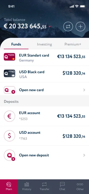 Главный экран приложения Quancy: общий баланс, карты EUR и USD, депозиты