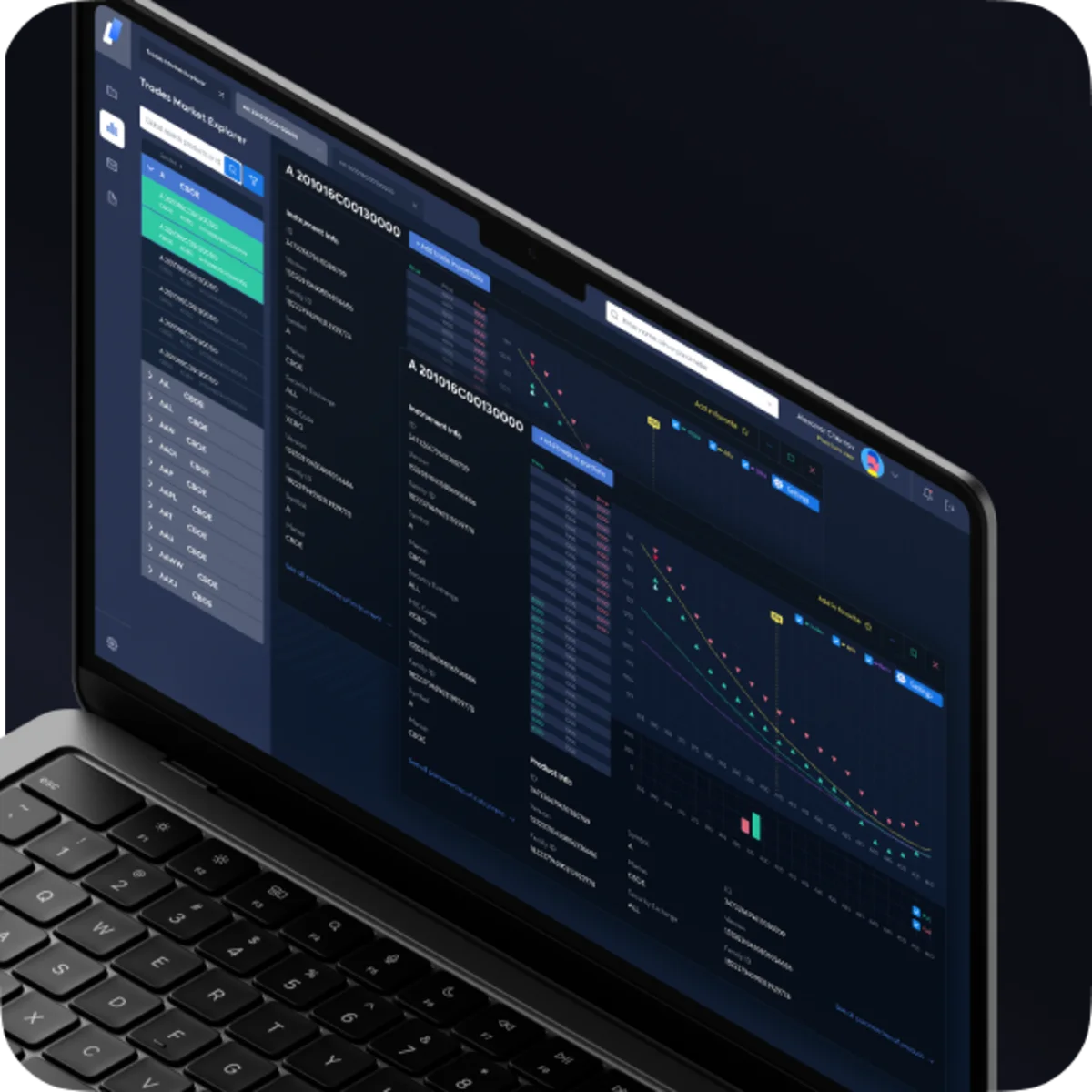 Торговая платформа OptionStream: ноутбук с плотным тёмным интерфейсом графиков и заявок
